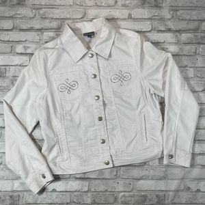 EUC Roz & Ali JACKET White Denim Stretch Jean Rhinestone Accented, L
